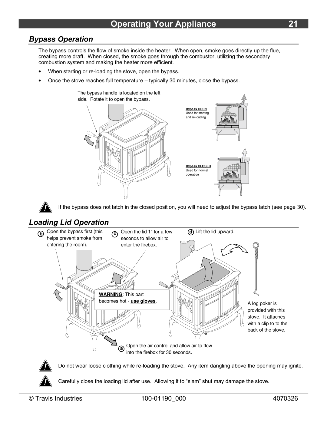 Avalon Stoves Arbor owner manual Bypass Operation, Loading Lid Operation 