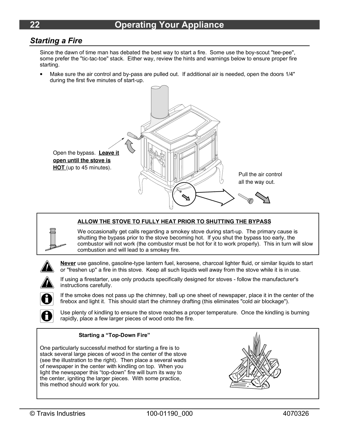 Avalon Stoves Arbor owner manual Starting a Fire, Starting a Top-Down Fire 