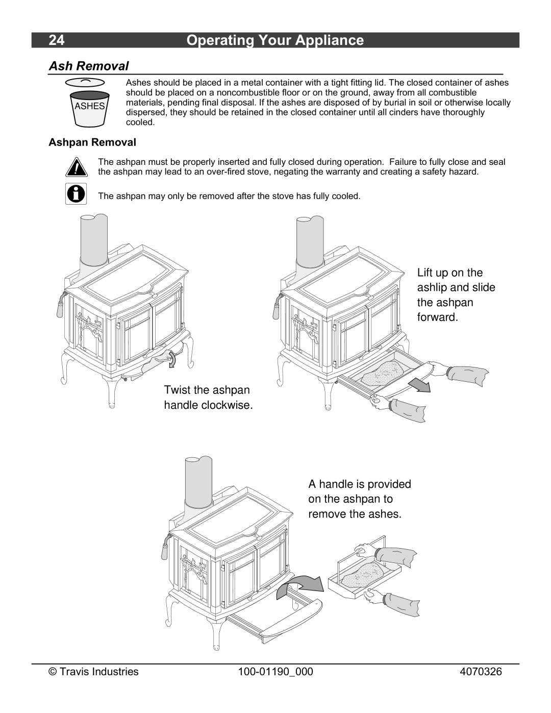 Avalon Stoves Arbor owner manual Ash Removal, Ashpan Removal 