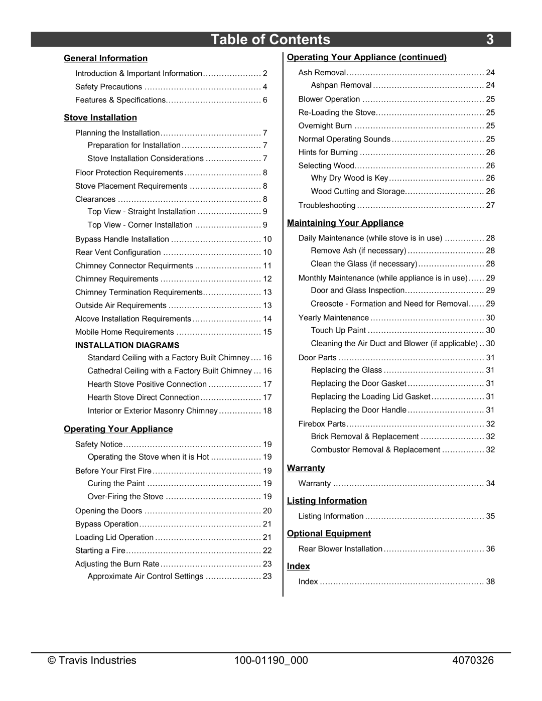 Avalon Stoves Arbor owner manual Table of Contents 