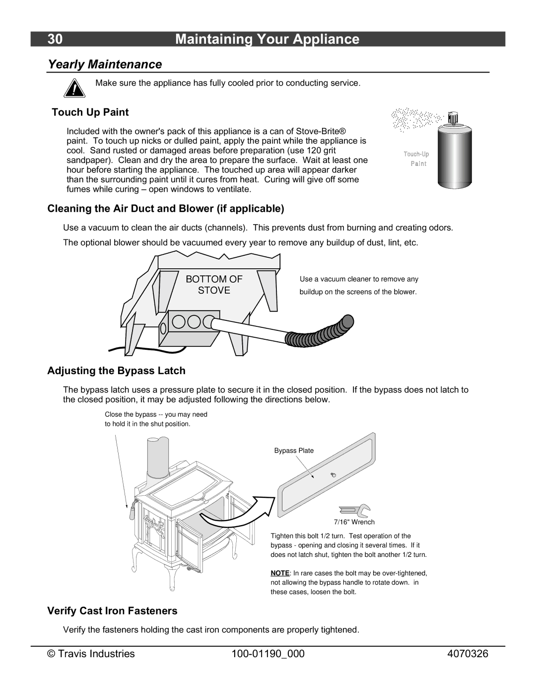 Avalon Stoves Arbor owner manual Yearly Maintenance, Touch Up Paint, Cleaning the Air Duct and Blower if applicable 