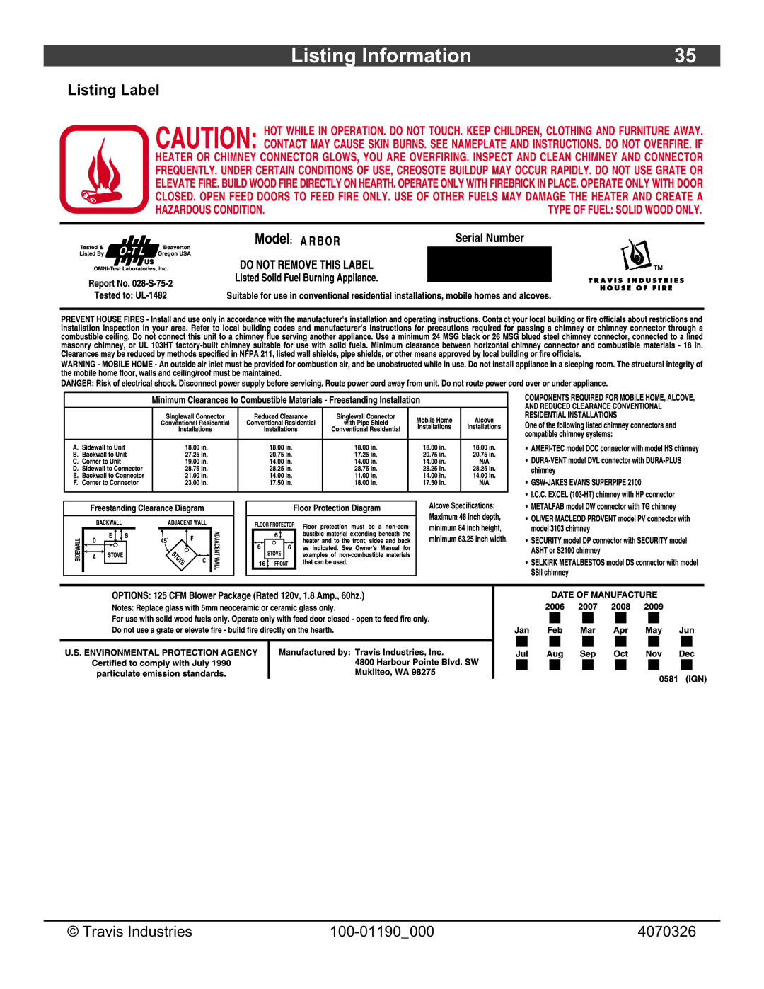 Avalon Stoves Arbor owner manual Listing Information, Listing Label 