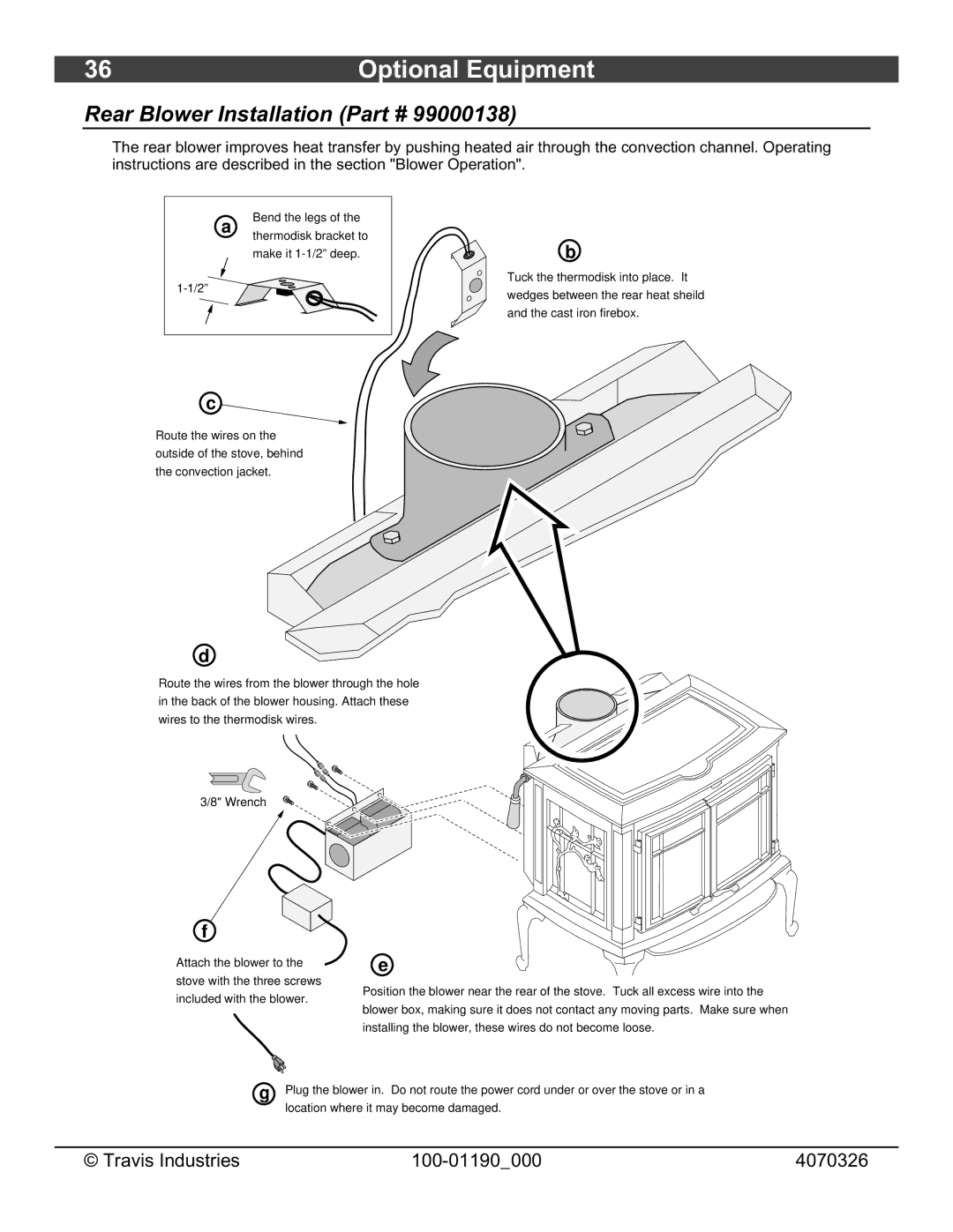 Avalon Stoves Arbor owner manual Optional Equipment, Rear Blower Installation 