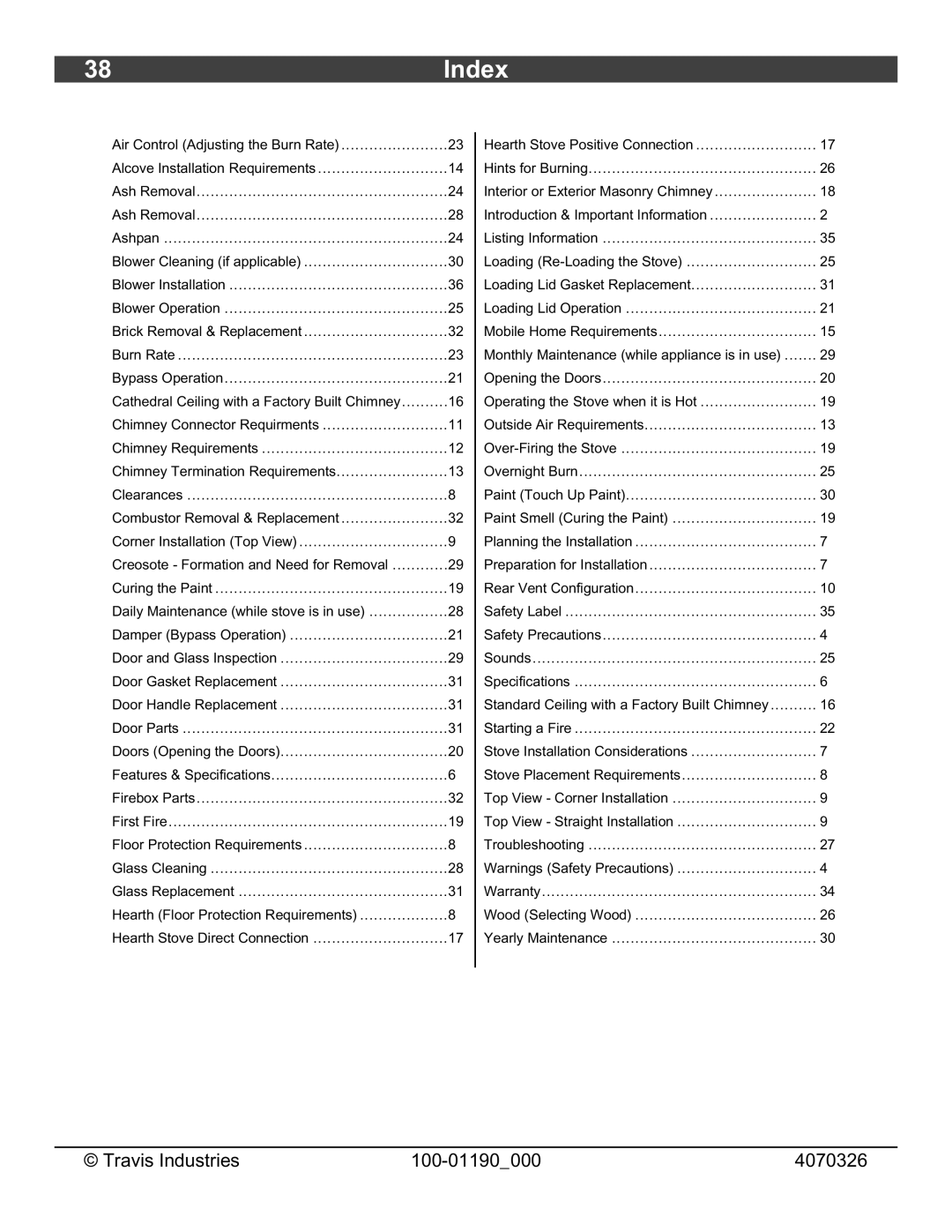 Avalon Stoves Arbor owner manual Index 