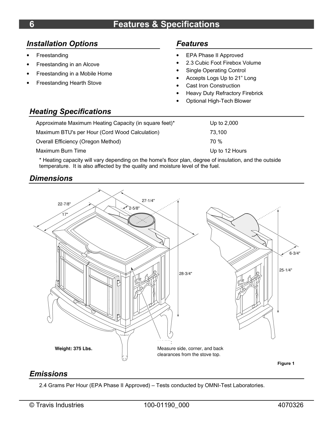 Avalon Stoves Arbor Features & Specifications, Installation Options Features, Heating Specifications, Dimensions 