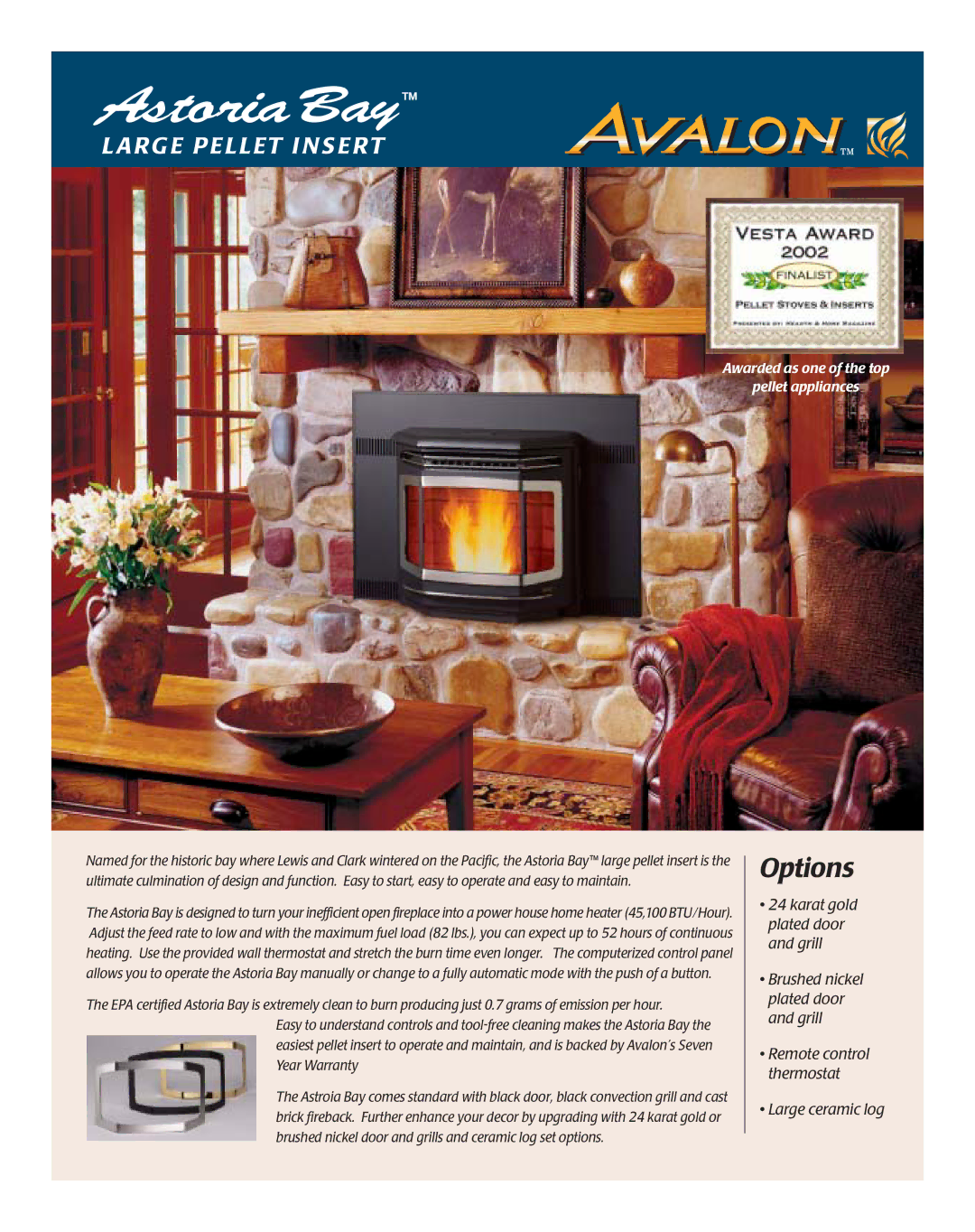 Avalon Stoves Astoria Bay warranty Options, Awarded as one of the top Pellet appliances 