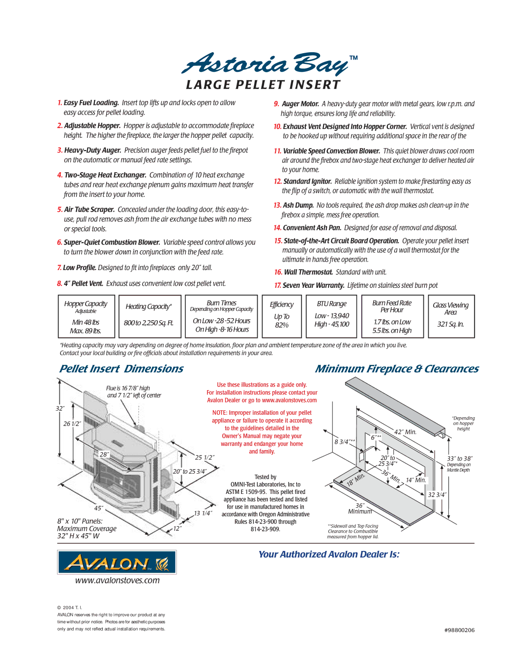 Avalon Stoves Astoria Bay Pellet Insert Dimensions Minimum Fireplace & Clearances, Your Authorized Avalon Dealer Is 