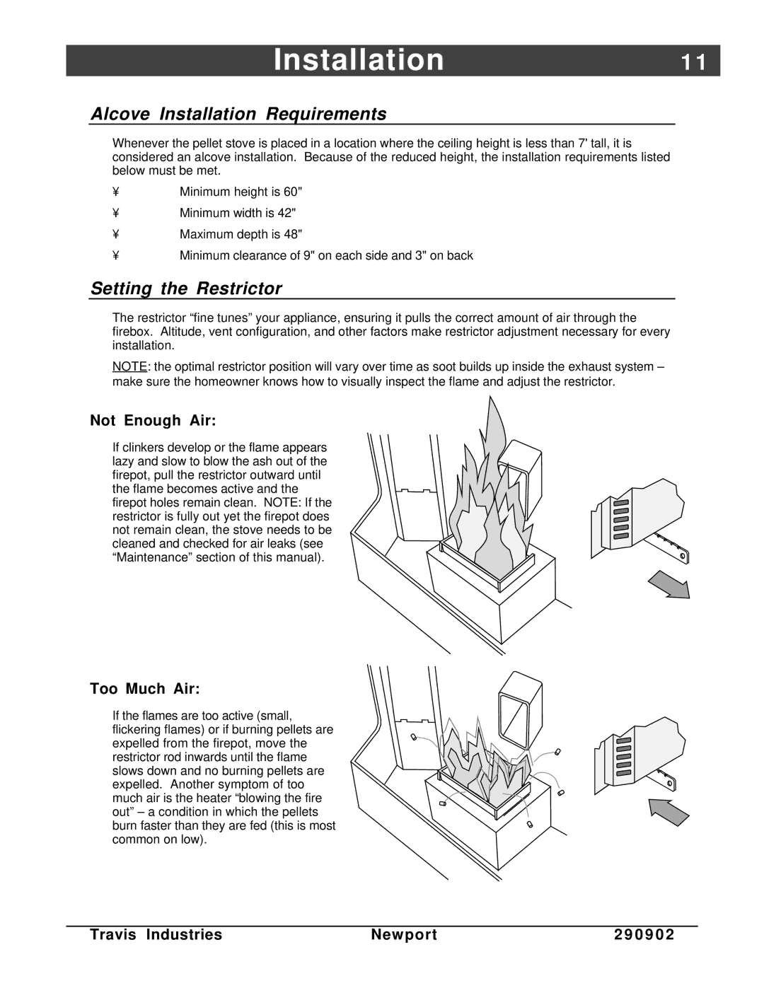 Avalon Stoves Avanti PS manual Installation1, Alcove Installation Requirements, Setting the Restrictor, Not Enough Air 