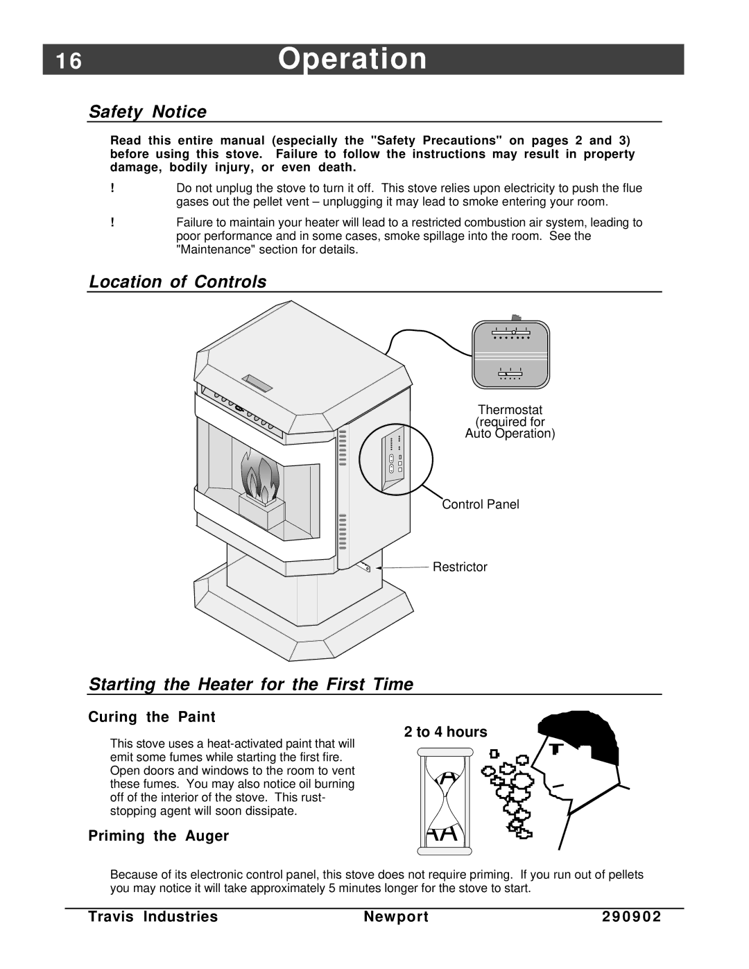 Avalon Stoves Avanti PS manual 6Operation, Safety Notice, Location of Controls, Starting the Heater for the First Time 