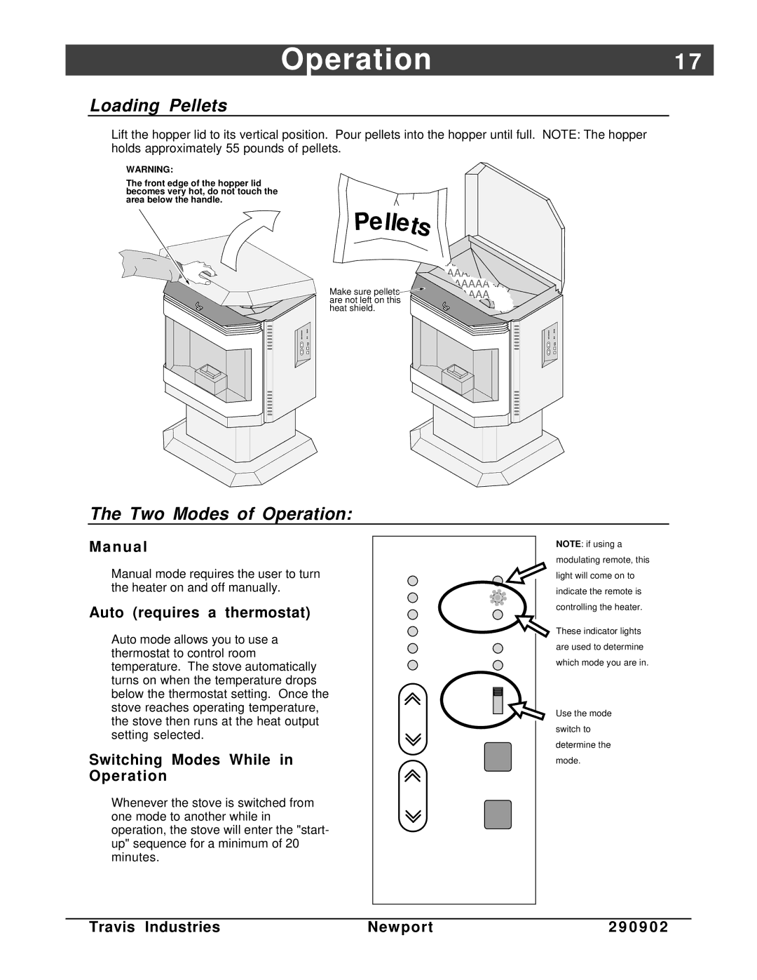 Avalon Stoves Avanti PS manual Operation1, Loading Pellets, Two Modes of Operation 