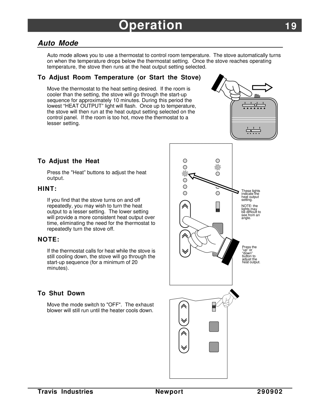 Avalon Stoves Avanti PS manual Auto Mode, To Adjust Room Temperature or Start the Stove 