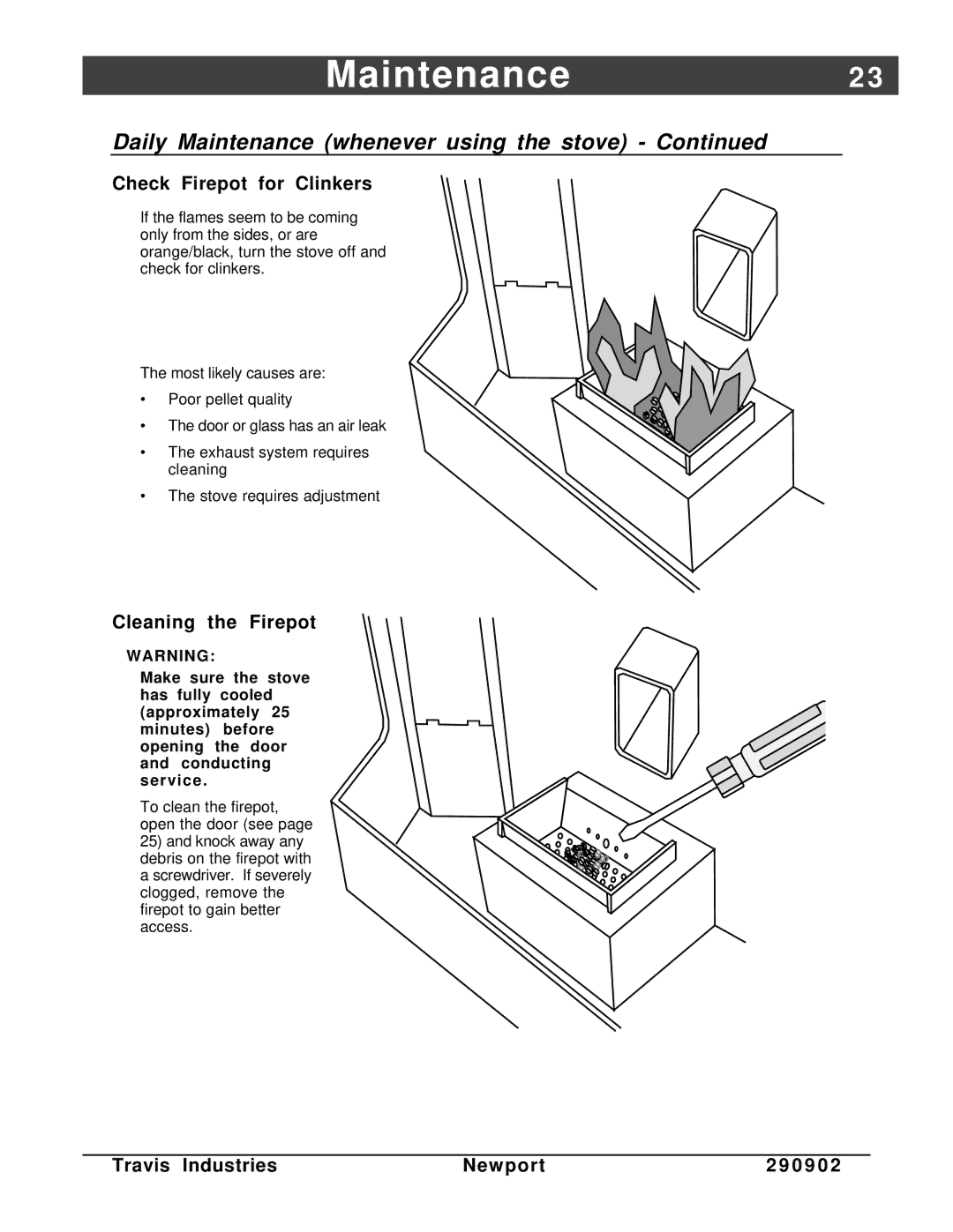 Avalon Stoves Avanti PS manual Maintenance2, Check Firepot for Clinkers, Cleaning the Firepot 