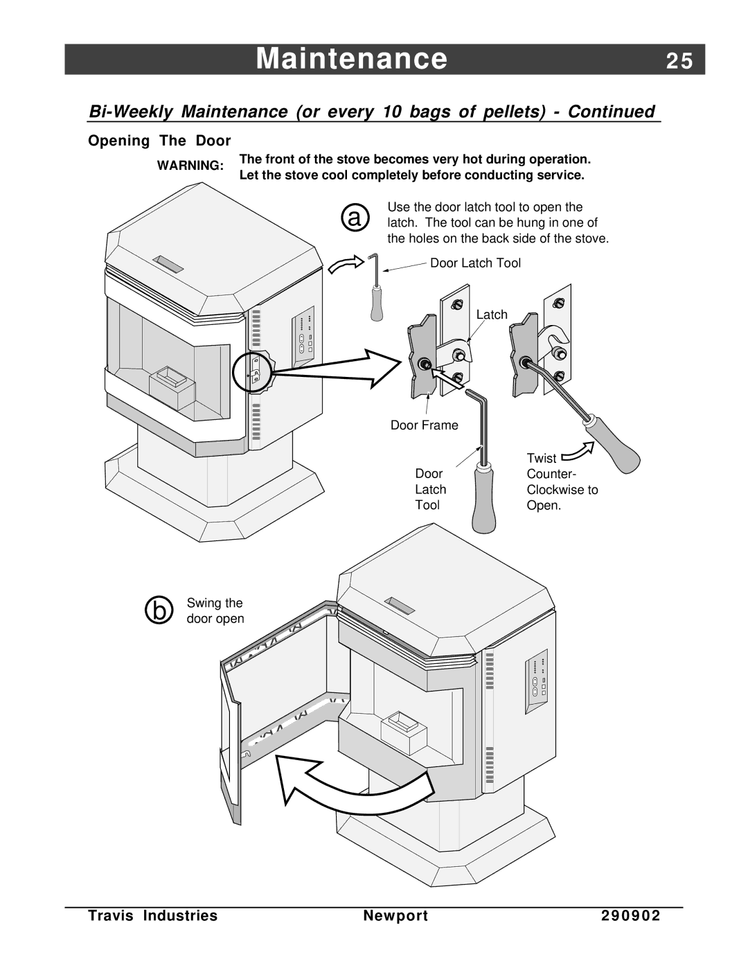 Avalon Stoves Avanti PS manual Opening The Door, Let the stove cool completely before conducting service 