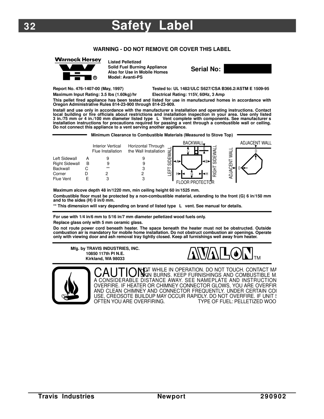 Avalon Stoves Avanti PS manual Safety Label, Serial No 