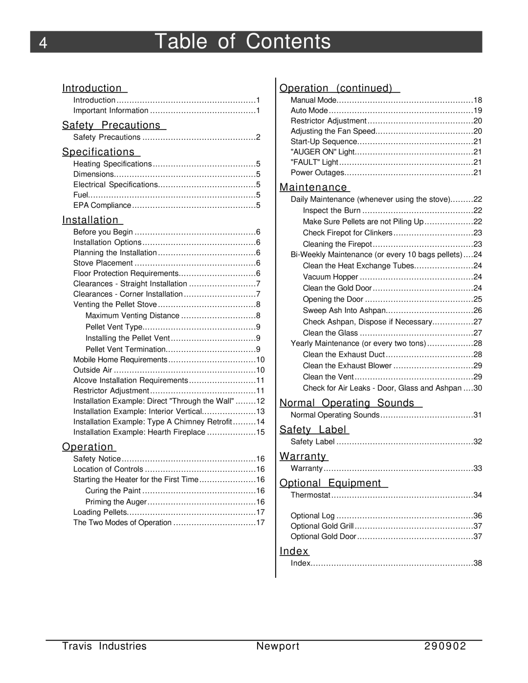 Avalon Stoves Avanti PS manual 4Table of Contents 