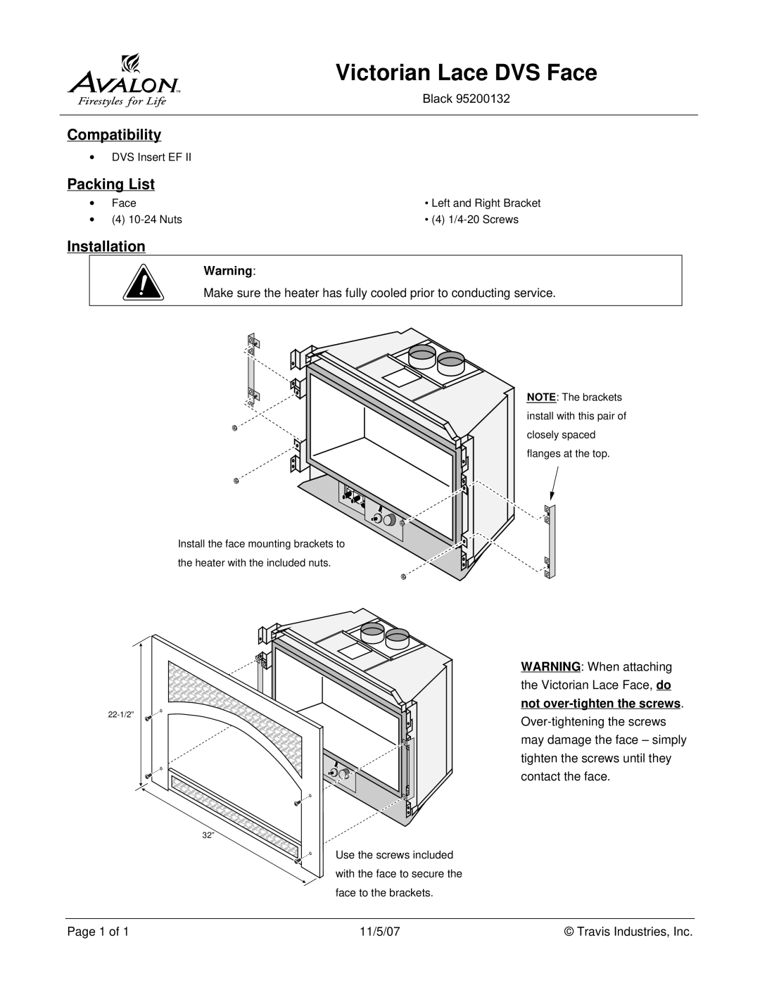 Avalon Stoves Black 95200132 manual Victorian Lace DVS Face, Compatibility, Packing List, Installation 