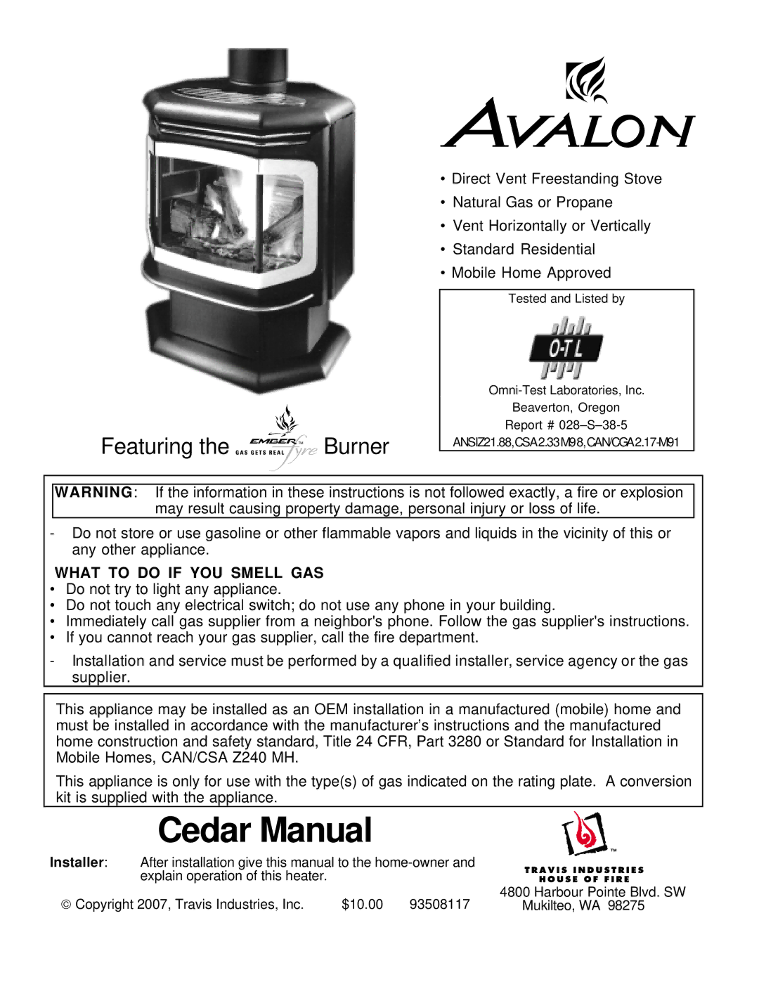 Avalon Stoves Cedar EF manual Cedar Manual 