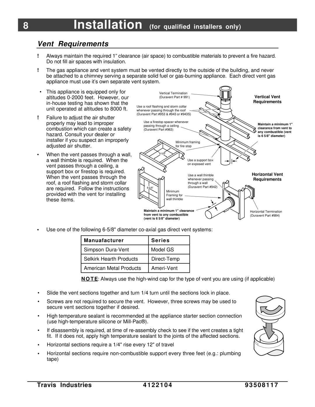 Avalon Stoves Cedar EF manual Vent Requirements, Manuafacturer R i e s 