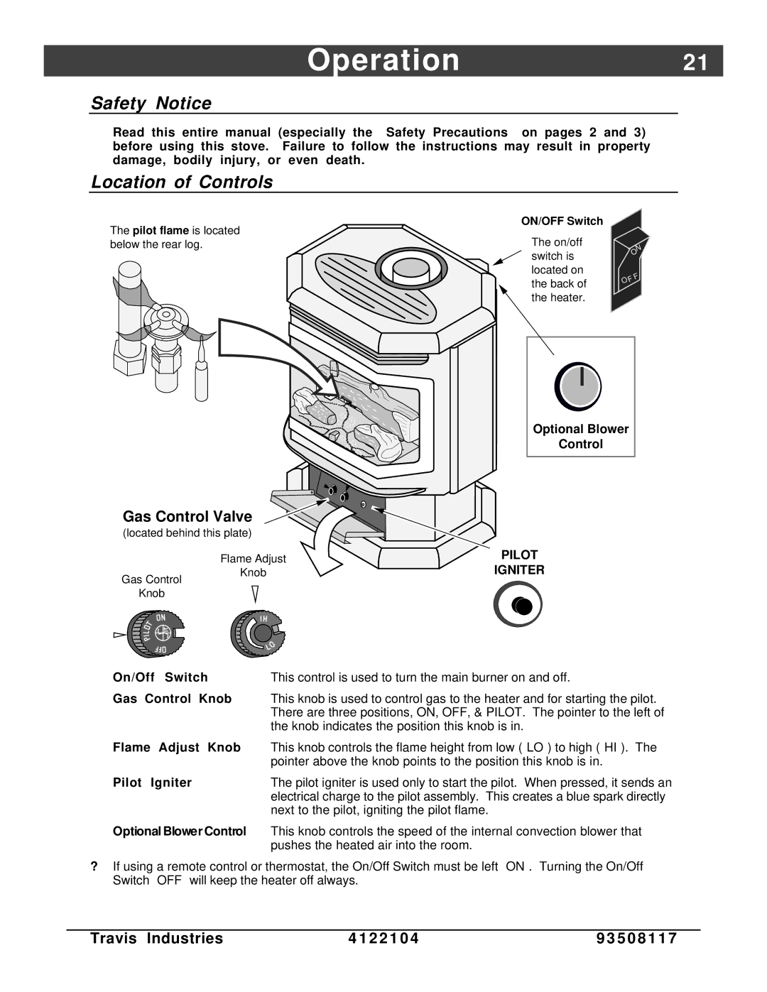 Avalon Stoves Cedar EF manual Operation21, Safety Notice, Location, Gas Control Valve 