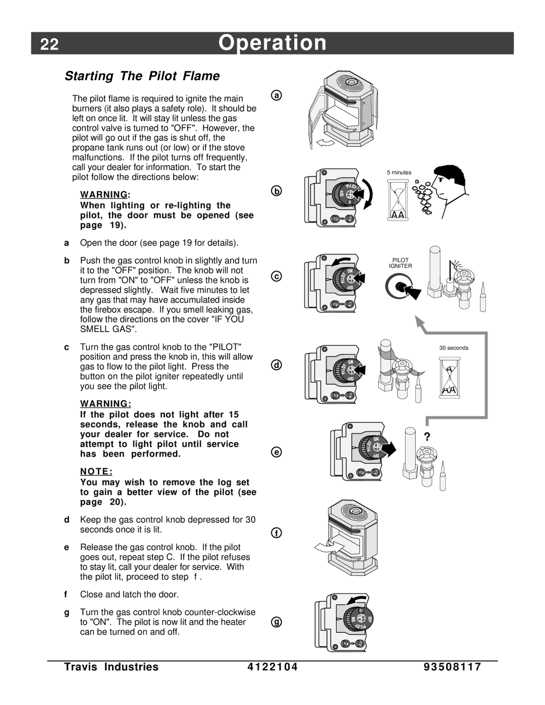 Avalon Stoves Cedar EF manual 22Operation, Starting The Pilot Flame 