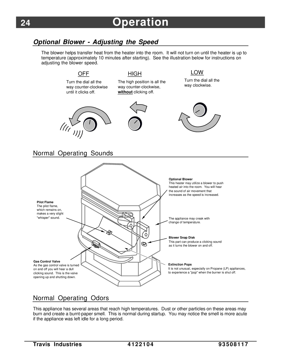 Avalon Stoves Cedar EF 24Operation, Optional Blower Adjusting the Speed, Normal Operating Sounds, Normal Operating Odors 