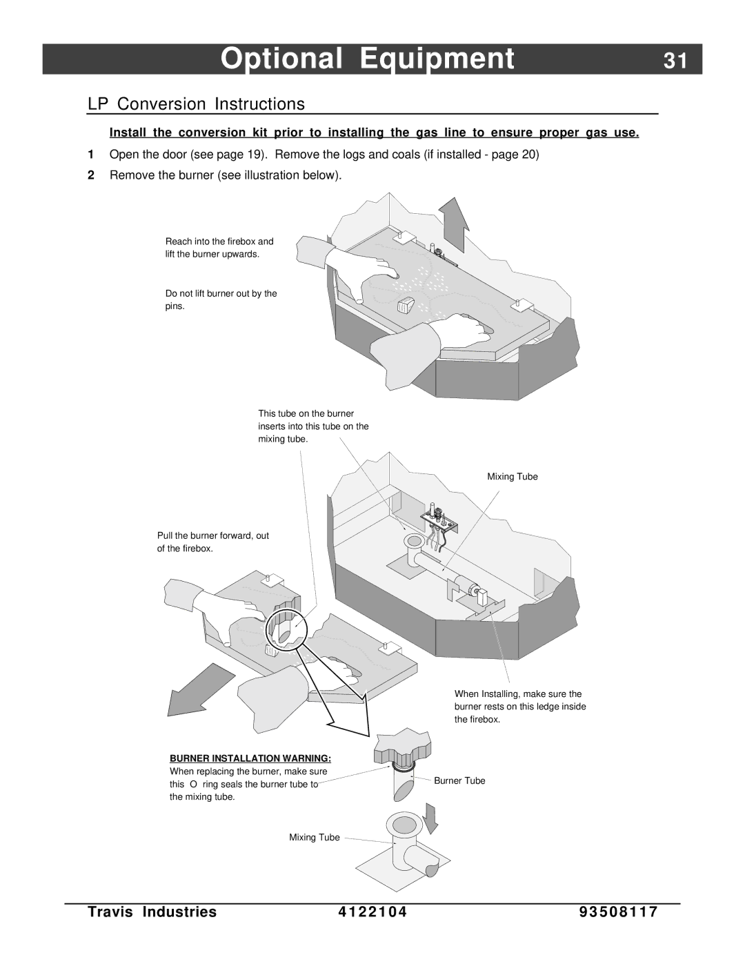 Avalon Stoves Cedar EF manual Optional Equipment, LP Conversion Instructions 