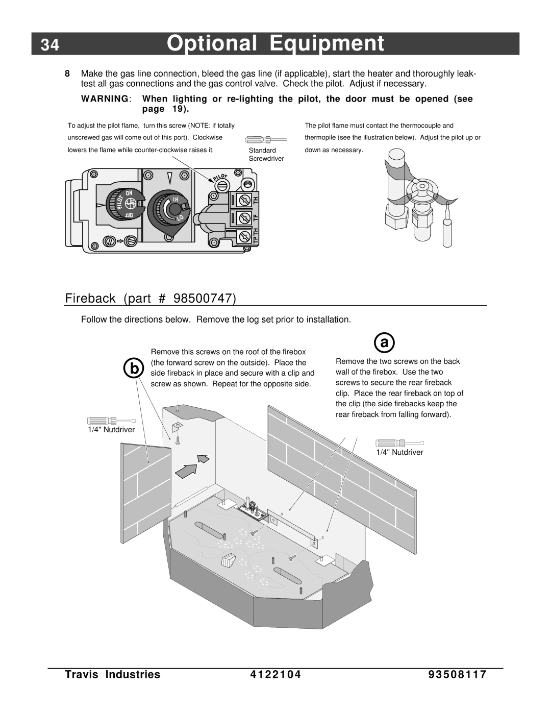 Avalon Stoves Cedar EF manual 34Optional Equipment, Fireback 