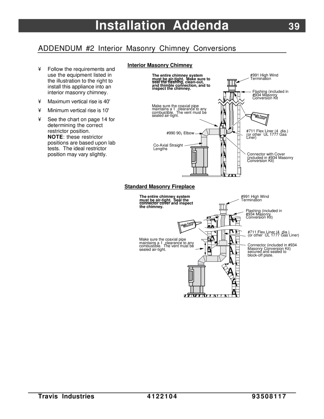 Avalon Stoves Cedar EF Installation Addenda, Addendum #2 Interior Masonry Chimney Conversions, Standard Masonry Fireplace 