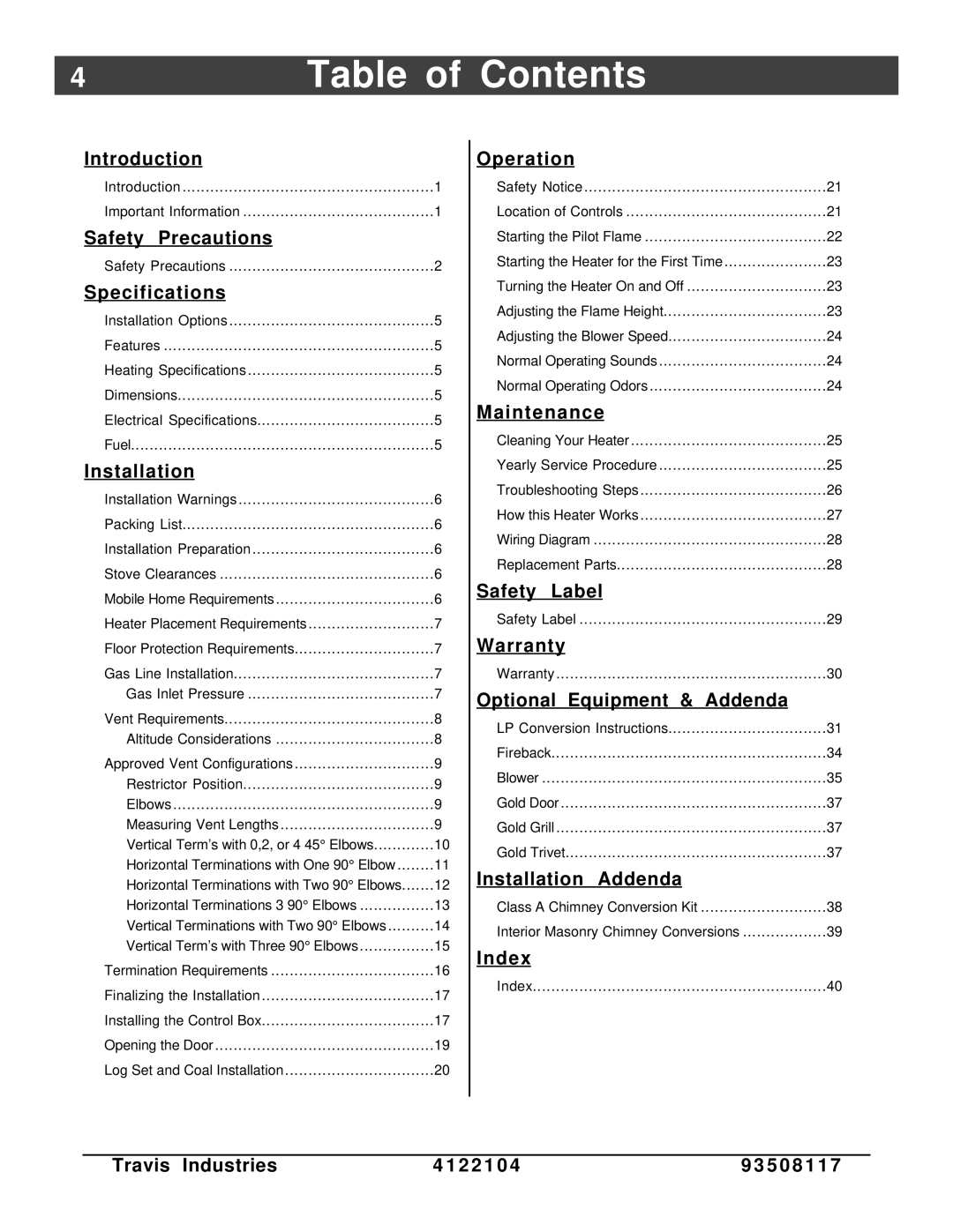 Avalon Stoves Cedar EF manual Table of Contents 