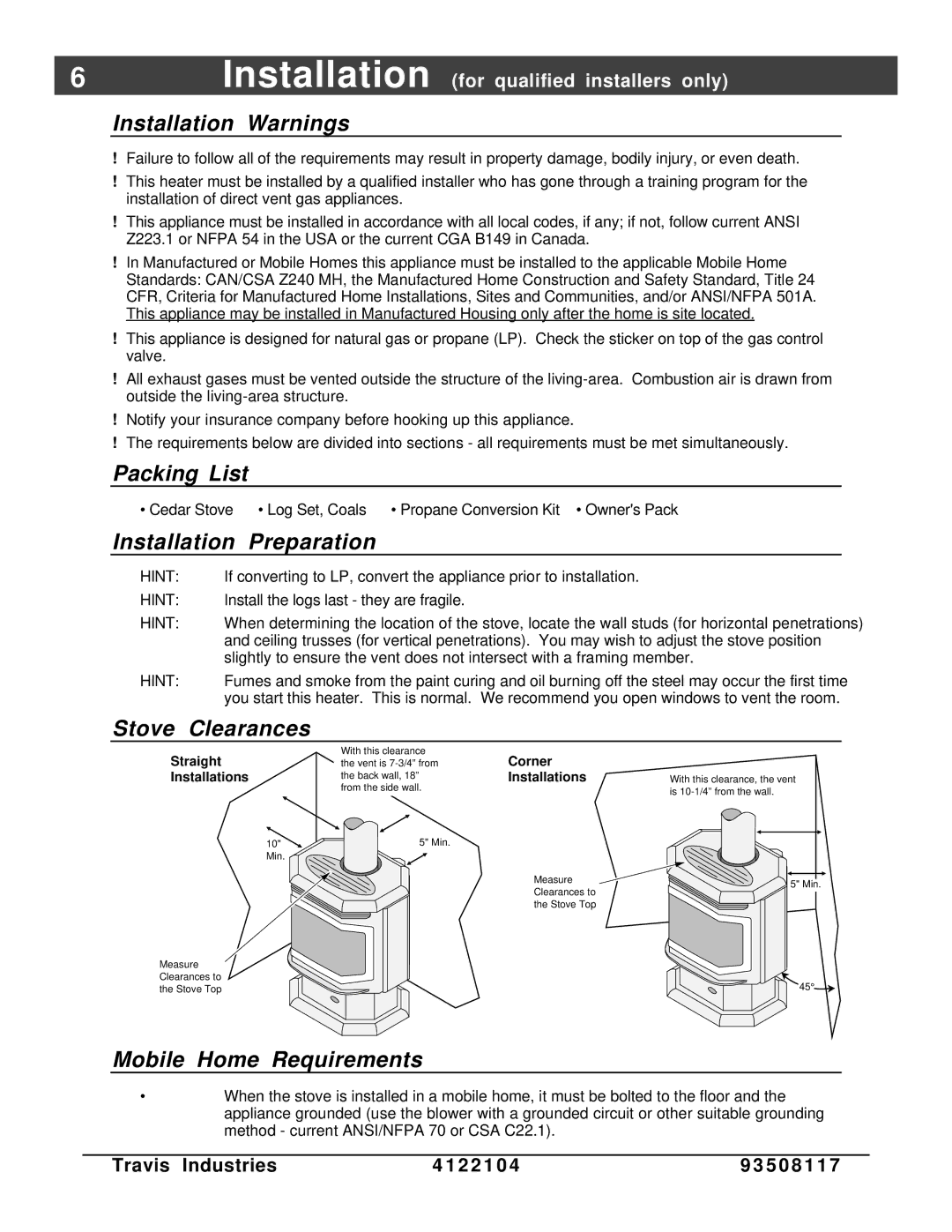 Avalon Stoves Cedar EF manual Installation Warnings, Packing List, Installation Preparation, Stove Clearances 