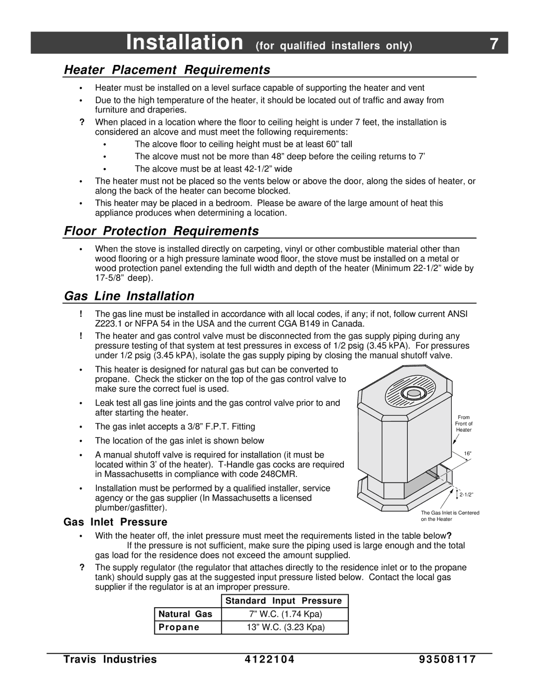 Avalon Stoves Cedar EF manual Heater Placement Requirements, Floor Protection Requirements, Gas Line Installation 