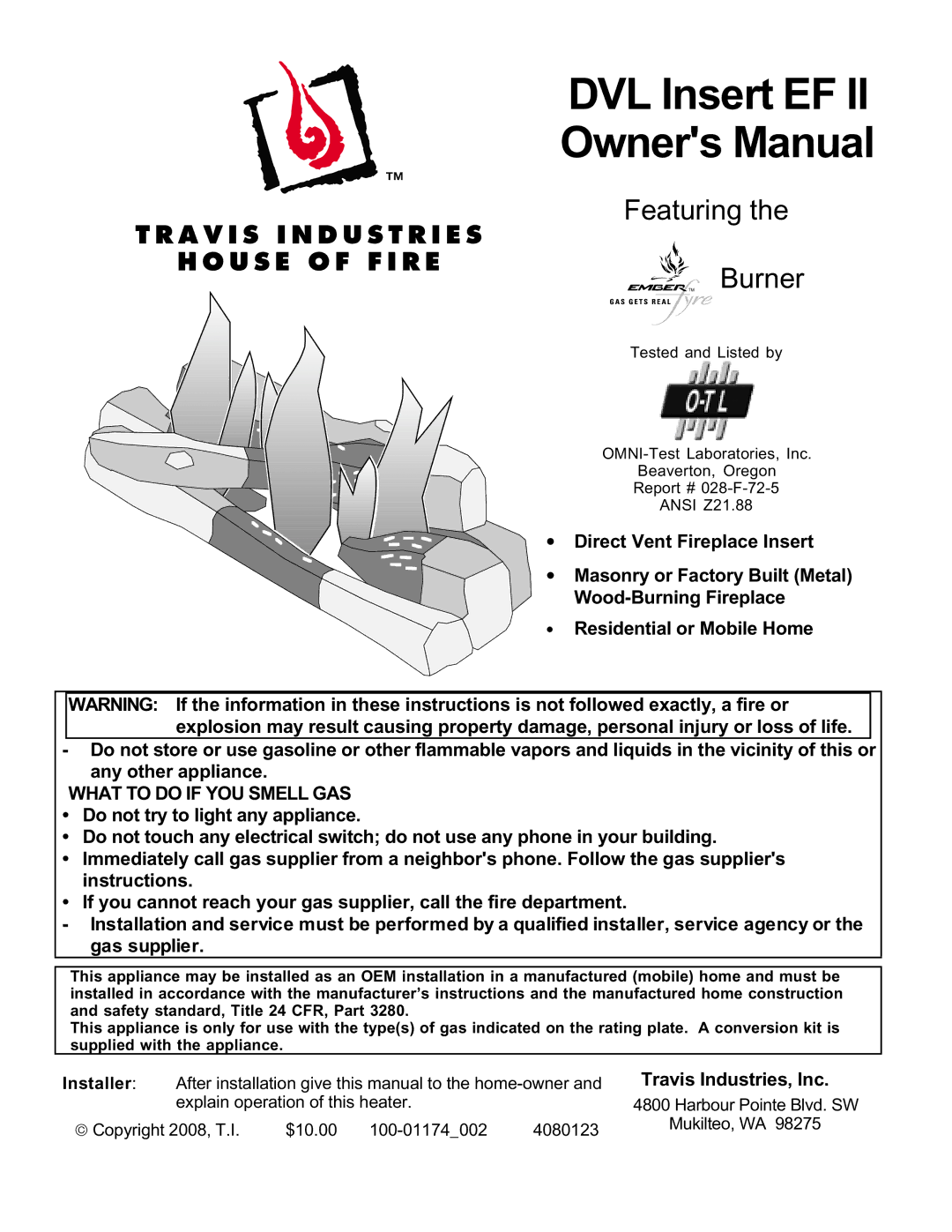 Avalon Stoves DVL Insert EF II owner manual Travis Industries, Inc 