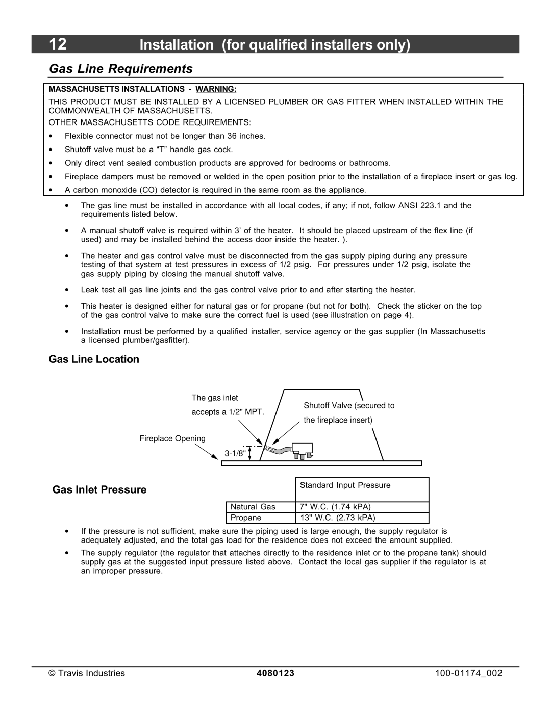 Avalon Stoves DVL Insert EF II owner manual Gas Line Requirements, Gas Line Location, Gas Inlet Pressure 