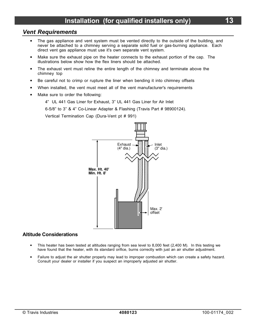 Avalon Stoves DVL Insert EF II owner manual Vent Requirements, Altitude Considerations 