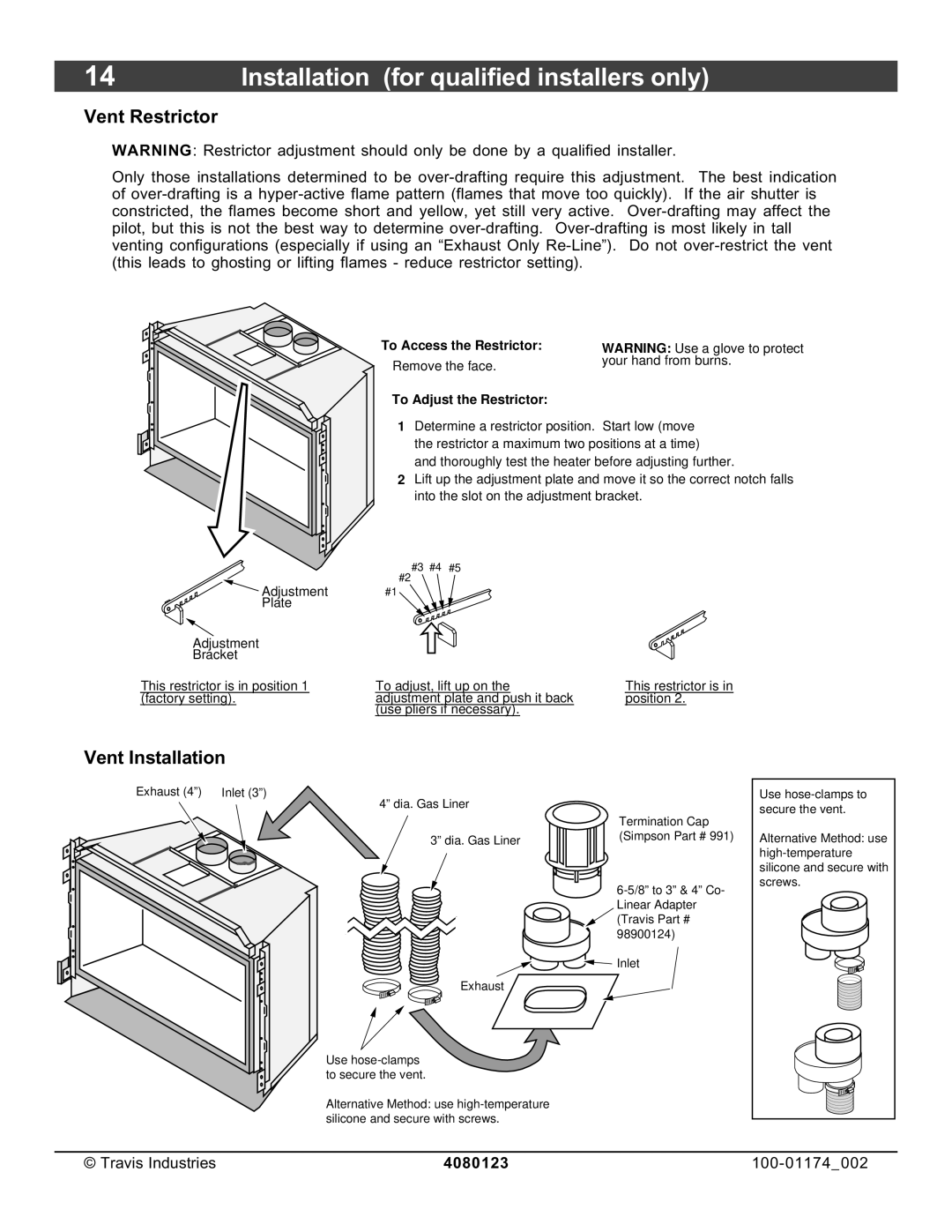 Avalon Stoves DVL Insert EF II owner manual Vent Restrictor, Vent Installation 