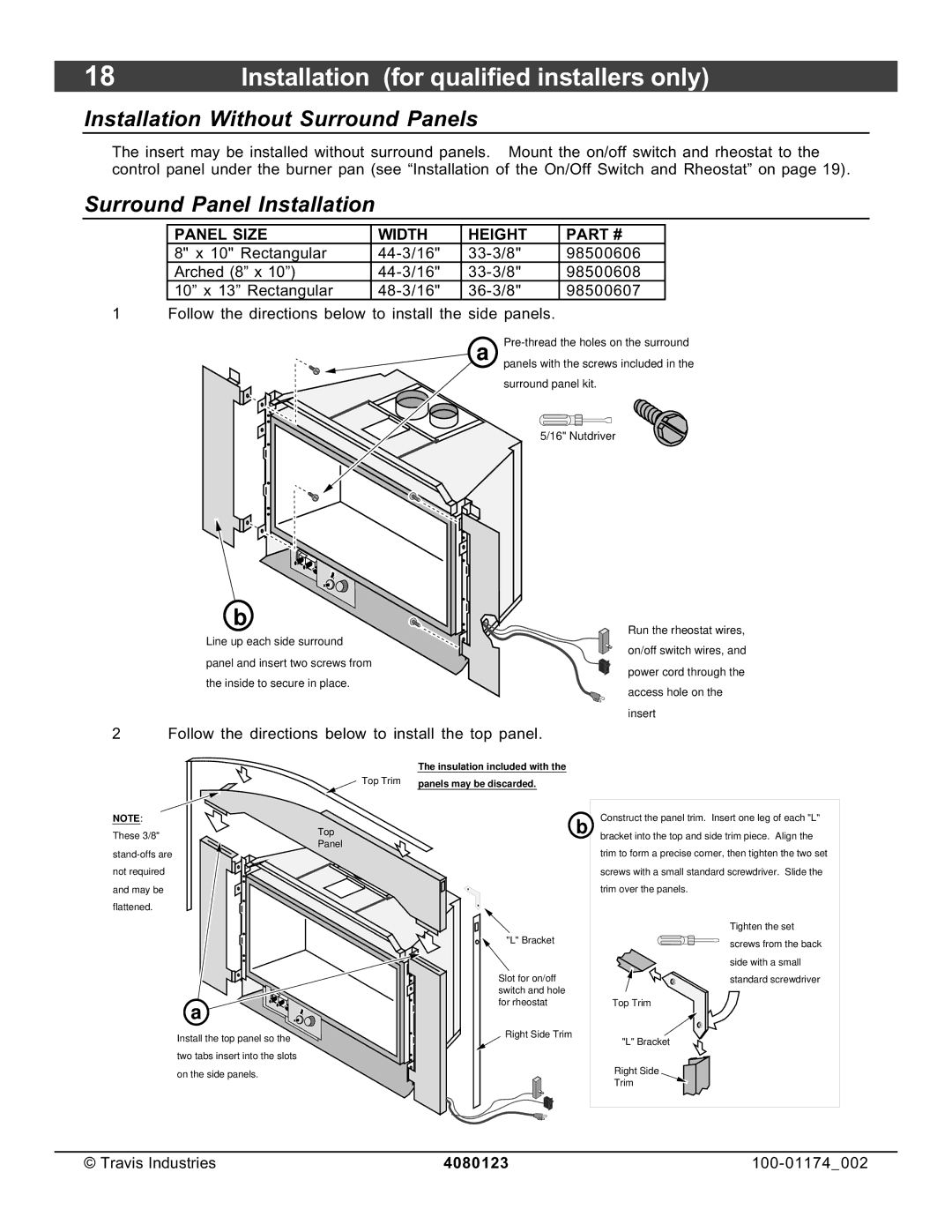 Avalon Stoves DVL Insert EF II owner manual Installation Without Surround Panels, Surround Panel Installation 