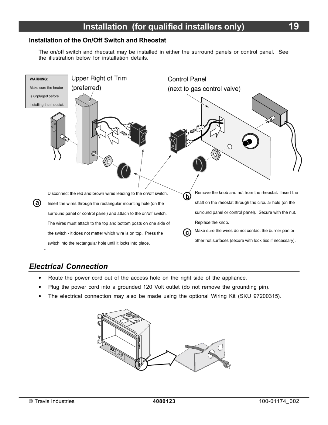 Avalon Stoves DVL Insert EF II owner manual Electrical Connection, Installation of the On/Off Switch and Rheostat 