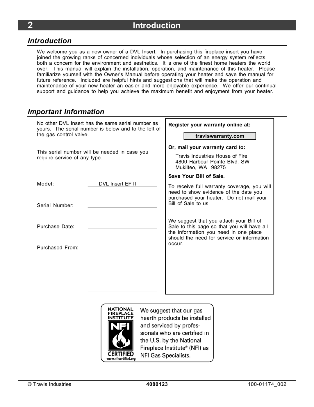 Avalon Stoves DVL Insert EF II 2Introduction, Introduction Important Information, Save Your Bill of Sale, 4080123 