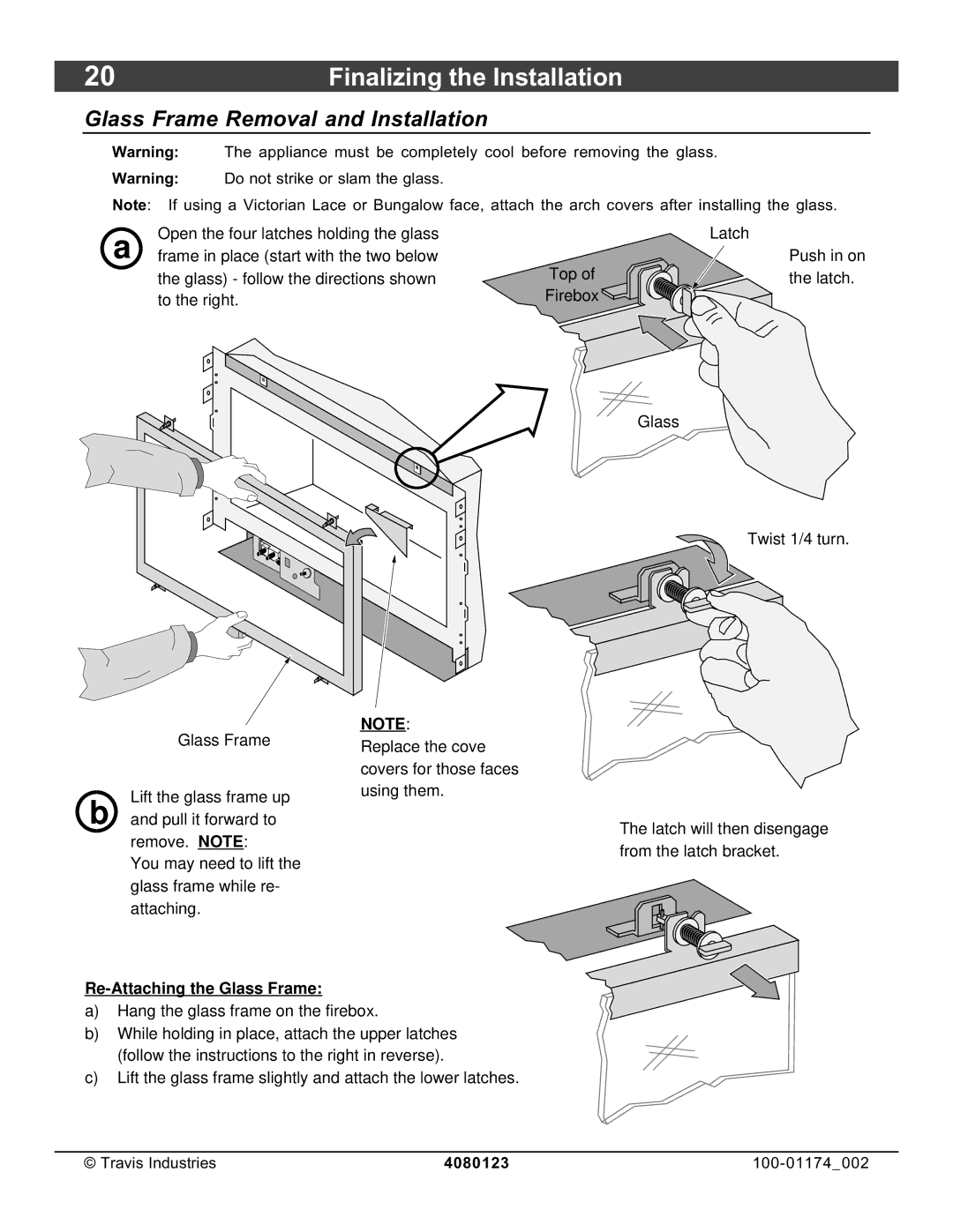 Avalon Stoves DVL Insert EF II owner manual Finalizing the Installation, Glass Frame Removal and Installation 