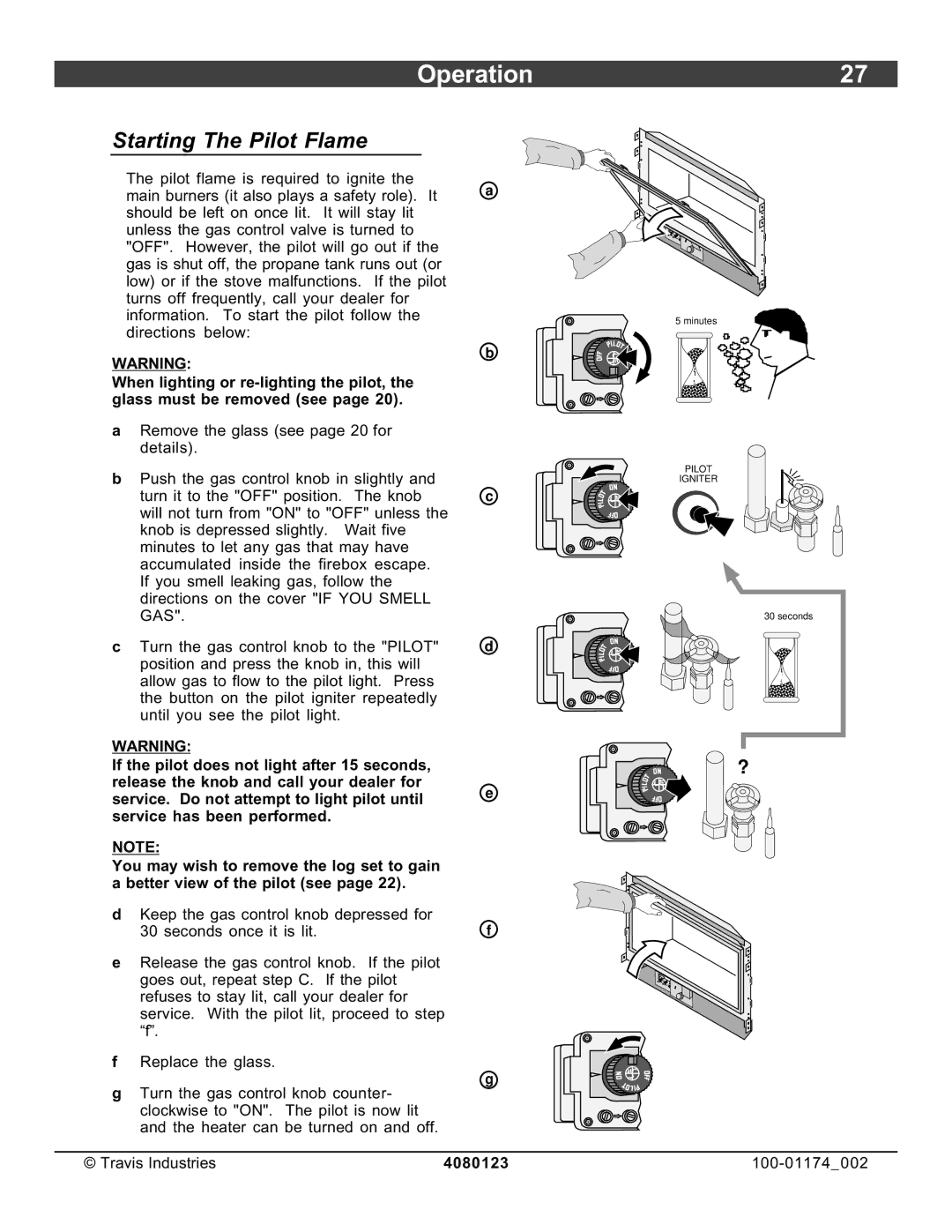 Avalon Stoves DVL Insert EF II owner manual Operation, Starting The Pilot Flame 