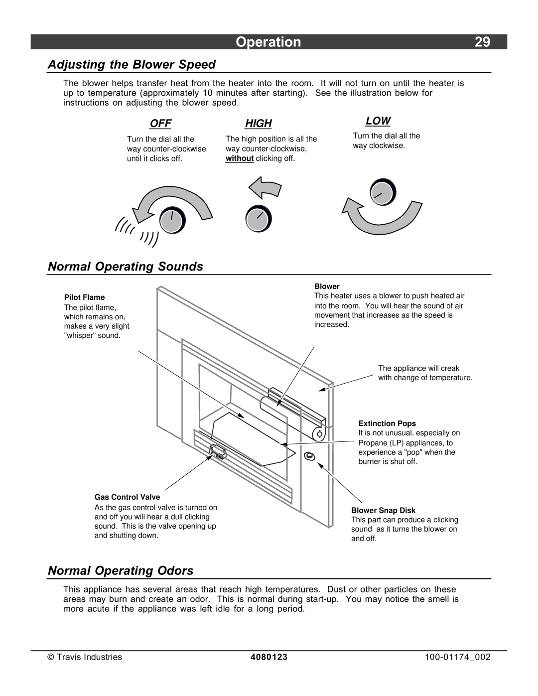 Avalon Stoves DVL Insert EF II Operation29, Adjusting the Blower Speed, Normal Operating Sounds, Normal Operating Odors 