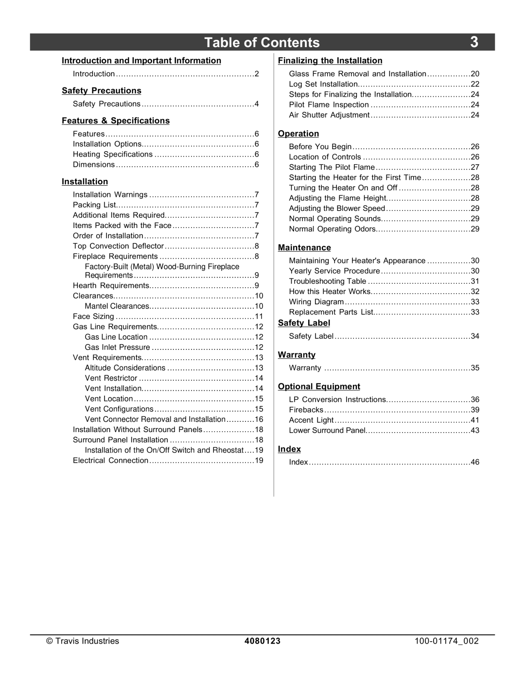 Avalon Stoves DVL Insert EF II owner manual Table of Contents 