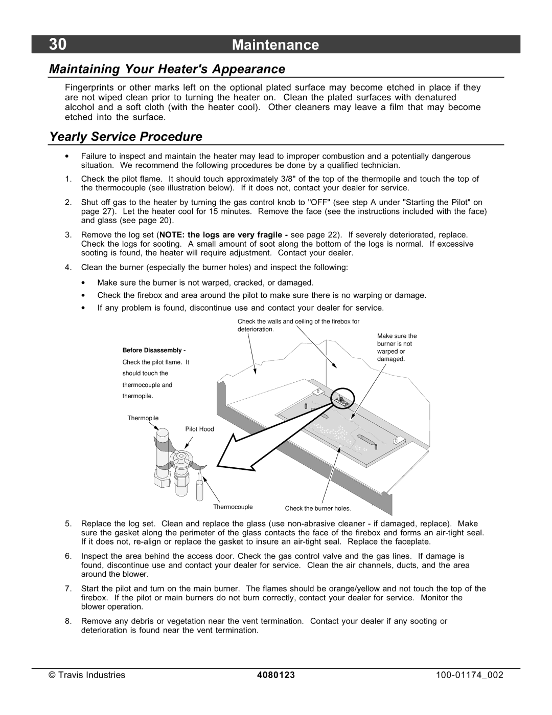 Avalon Stoves DVL Insert EF II owner manual 30Maintenance, Maintaining Your Heaters Appearance, Yearly Service Procedure 