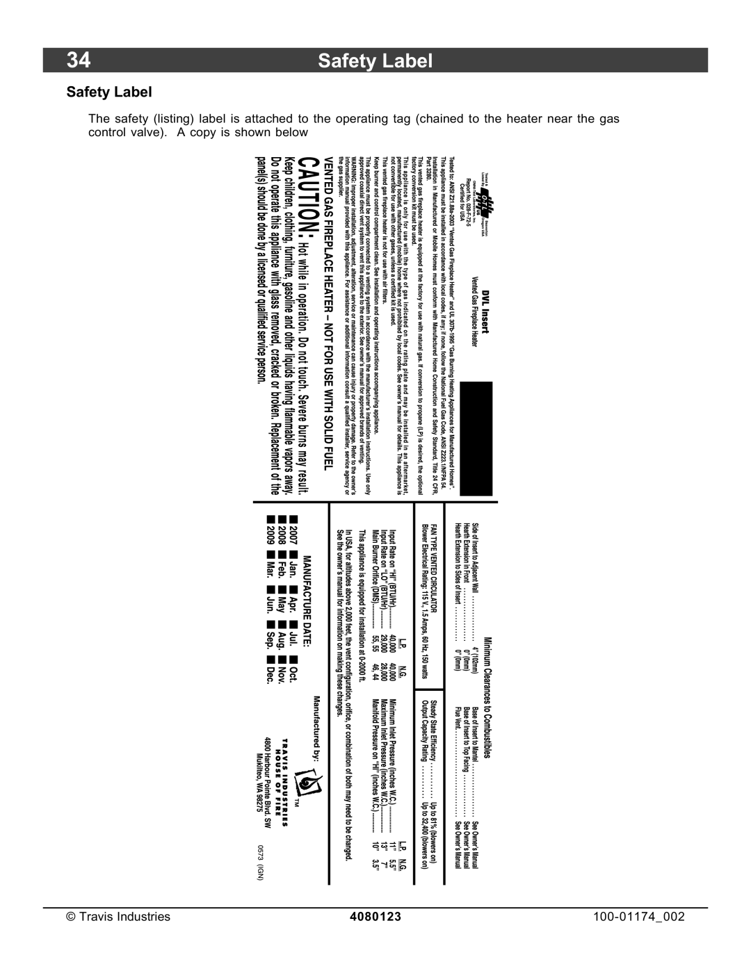 Avalon Stoves DVL Insert EF II owner manual Safety Label 