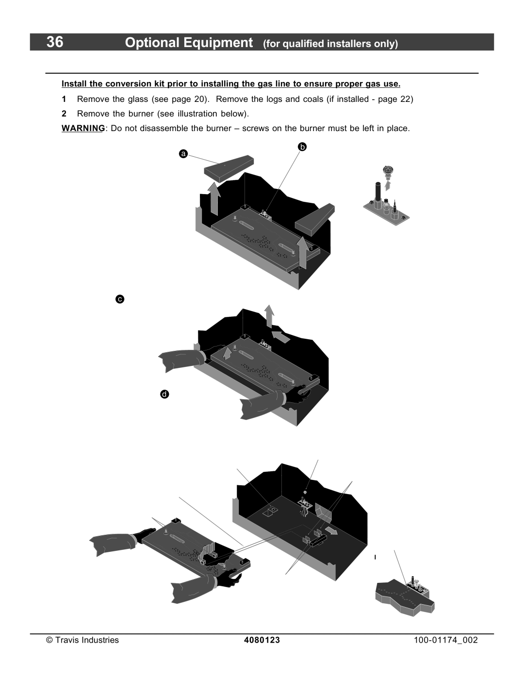 Avalon Stoves DVL Insert EF II owner manual LP Conversion Instructions, Burner Replacement 