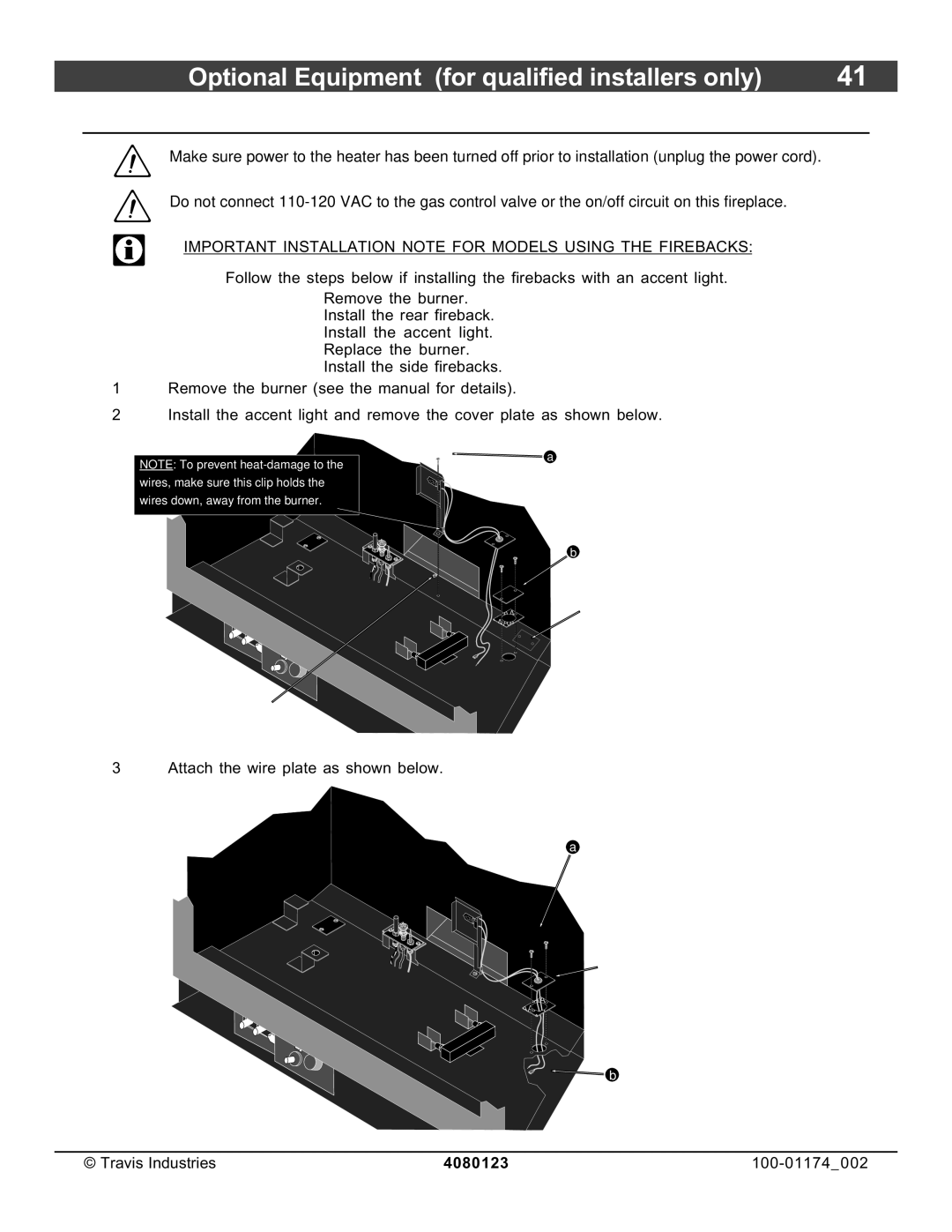 Avalon Stoves DVL Insert EF II owner manual Accent Light, Important Installation Note for Models Using the Firebacks 