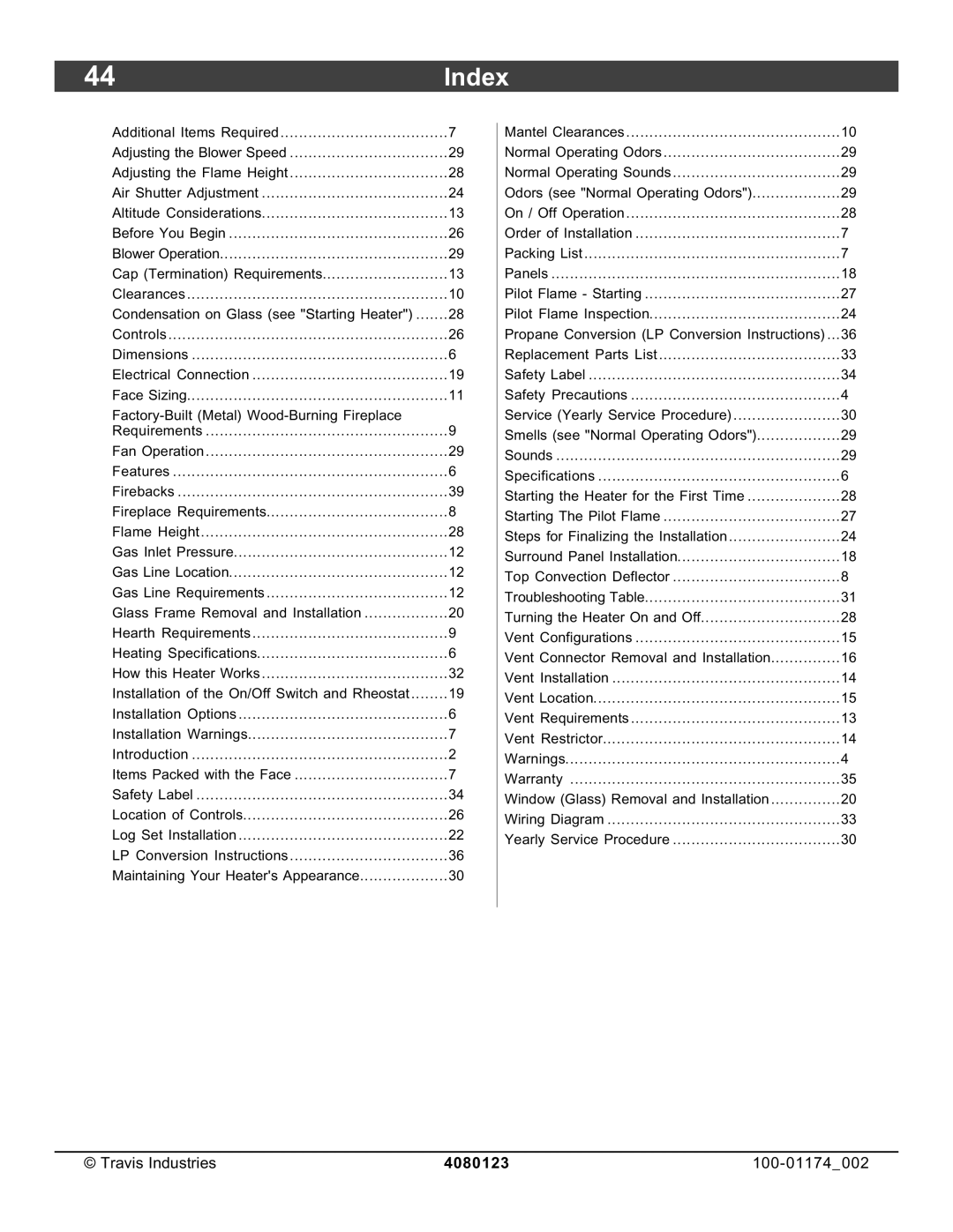 Avalon Stoves DVL Insert EF II owner manual Index 