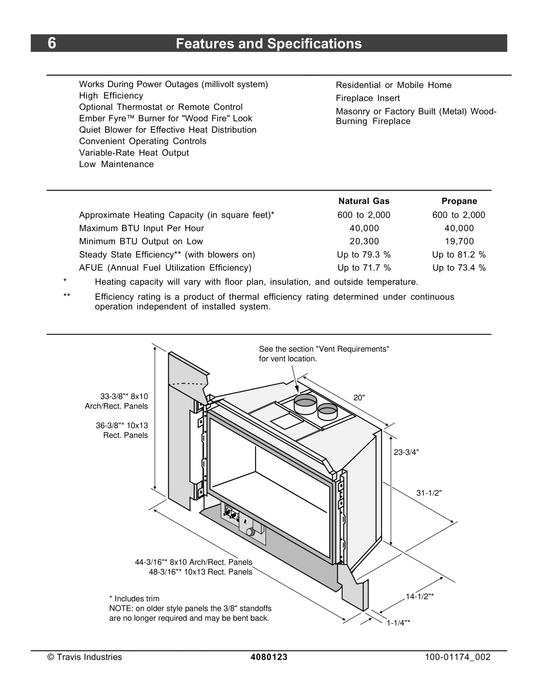 Avalon Stoves DVL Insert EF II Features Installation Options, Heating Specifications, Dimensions, Natural Gas Propane 