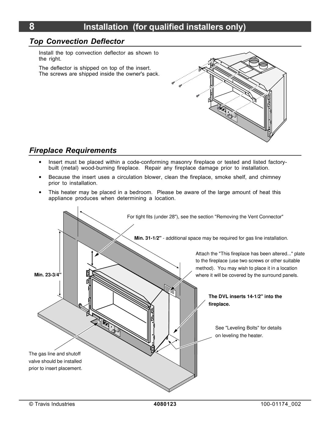 Avalon Stoves DVL Insert EF II owner manual Top Convection Deflector, Fireplace Requirements 