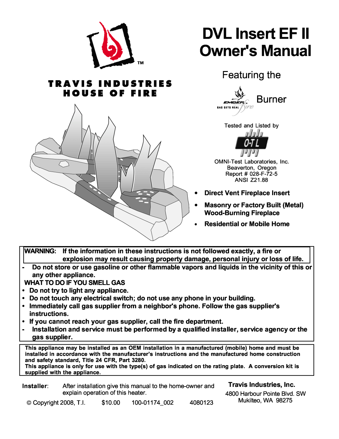 Avalon Stoves DVL Insert EF II owner manual Featuring the Burner 